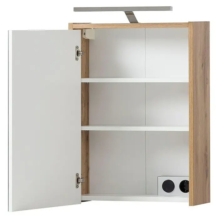 Schildmeyer LED-Spiegelschrank Carlos/Flag - B x H: 43,5 x 64 cm, Holz, Eiche Landhaus - Offener Badezimmerschrank mit heller Holzmaserung, weißer Tür, Einlegeböden, Steckdose und integrierter Beleuchtung.