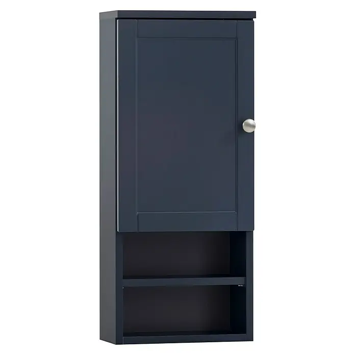 Schildmeyer Jesper Oberschrank - B x T x H: 30,3 x 16 x 70 cm, Nachtblau, Matt - Dunkelblauer Hängeschrank mit einer Tür, einem silbernen Knauf und zwei offenen Regalböden.