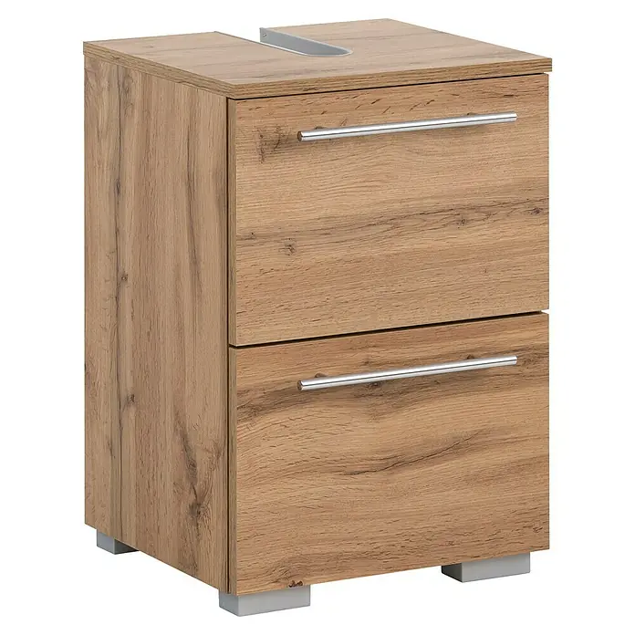 Schildmeyer Carlos Waschtischunterschrank - B x T x H: 40,2 x 35 x 59,1 cm, Eiche Landhaus, Matt - Helles braunes Holz-Waschtischunterschrank mit zwei Schubladen, silbernen Griffen und oberem Ausschnitt für Waschbecken.