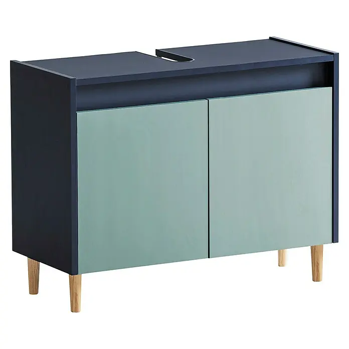 Schildmeyer Lovis Waschtischunterschrank - B x T x H: 80 x 33 x 60,1 cm, Nachtblau/Taubenblau, Matt - Dunkelblauer Waschtischunterschrank mit hellblaugrünen Türen, Holzbeinen und einer Aussparung für ein Waschbecken.