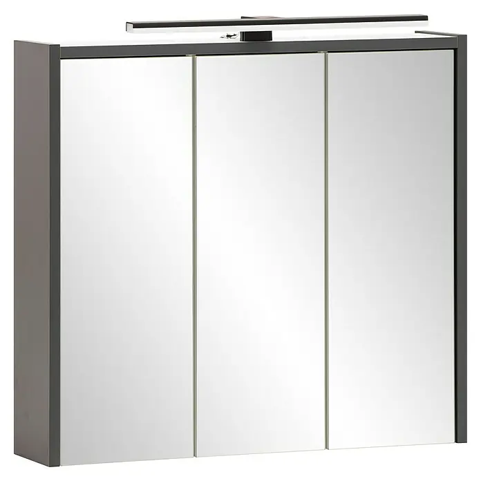 Schildmeyer LED-Spiegelschrank Pandora/Palermo - B x H: 65 x 62,7 cm, Holz, Anthrazit - Dreitüriger Spiegelschrank mit grauem Rahmen und integrierter LED-Lichtleiste.
