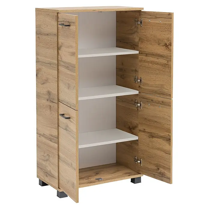 Schildmeyer Nora  Highboard - B x T x H: 59,8 x 32,6 x 116,9 cm, Eiche Landhaus, Matt - Heller Holzschrank mit mehreren Regalböden, eine Tür geöffnet, um den Innenraum zu zeigen, und dunklen Griffen.