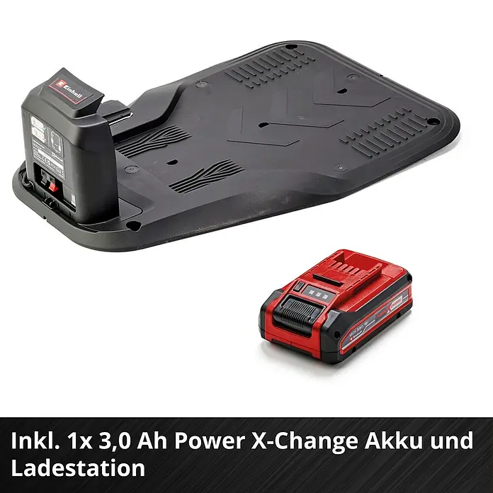 Einhell PXC 18V Mähroboter FREELEXO CAM 500 - 500 m², Schnittbreite: 18 cm, Kamera-gestützte Navigation - Einhell schwarze Ladestation mit rotem und schwarzem 3,0 Ah Power X-Change Akku.