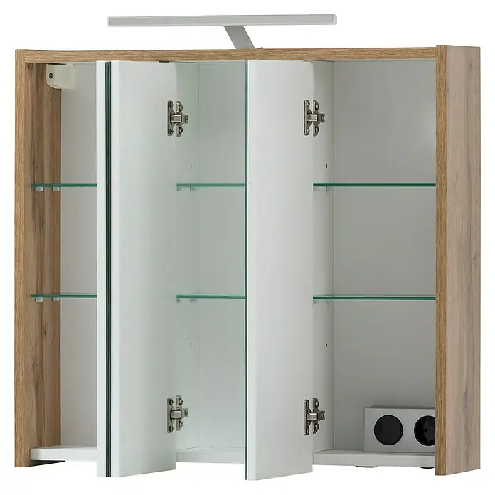 Schildmeyer LED-Spiegelschrank Carlos/Flag/Dex - B x H: 65 x 64 cm, Holz, Eiche Landhaus - Badezimmerschrank in Holzoptik mit geöffneten weißen Türen, Glasböden, Steckdose innen und einer Aufsatzleuchte.