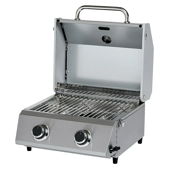 Grillstar Barbacoa de gas de mesa Atlanta 200 T - Superficie de la parrilla (An x Pr): 40 x 33 cm, 4,4 kW, Número de quemadores: 2 - Imagen de una parrilla de gas portátil de acero inoxidable con tapa abierta, ideal para llevar o para el balcón.