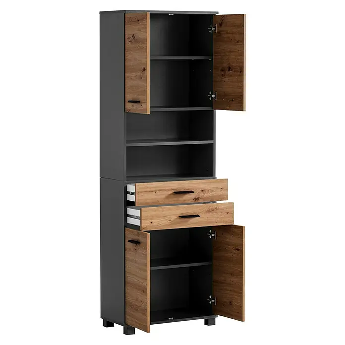 Schildmeyer Palermo Hochschrank - B x T x H: 59,8 x 32,6 x 180,9 cm, Anthrazit/Artisan, Matt - Hoher dunkelgrauer Schrank mit hellen Holzfronten, Türen und Schubladen teils offen, zeigt schwarze Regale.