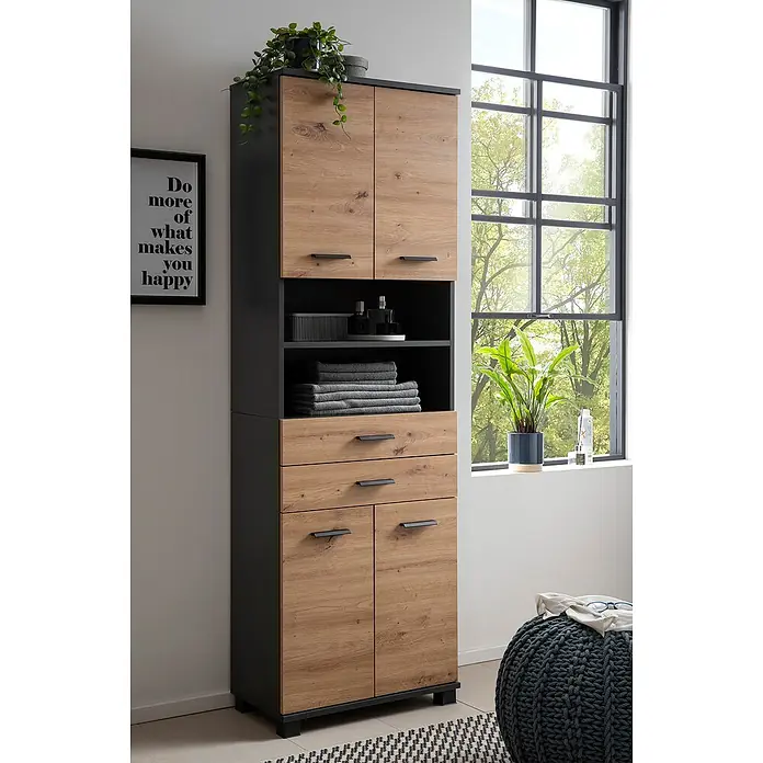 Schildmeyer Palermo Hochschrank - B x T x H: 59,8 x 32,6 x 180,9 cm, Anthrazit/Artisan, Matt - Hoher Stauraumschrank in Holzoptik und Dunkelgrau, mit Türen, Schubladen und offenem Fach.