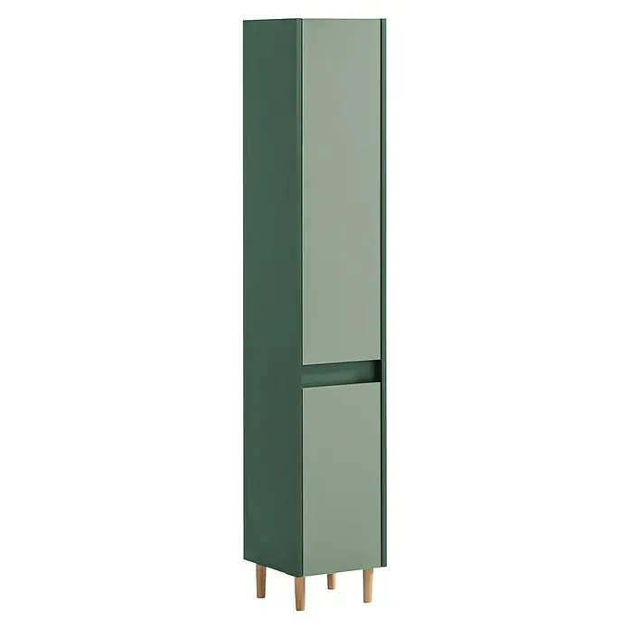 Schildmeyer Lovis Hochschrank - B x T x H: 30,2 x 33 x 170 cm, Waldgrün/Pistazie, Matt - Zweifarbiger grüner schmaler Schrank mit zwei Türen/Schubladen und naturfarbenen konischen Holzbeinen.