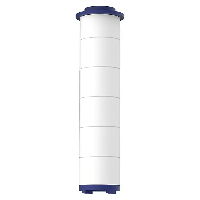Cartucho de repuesto filtro Helix - Material compuesto - Un recipiente de almacenamiento Tupperware blanco con tapa azul, ideal para la organización de la cocina y soluciones de almacenamiento de alimentos.