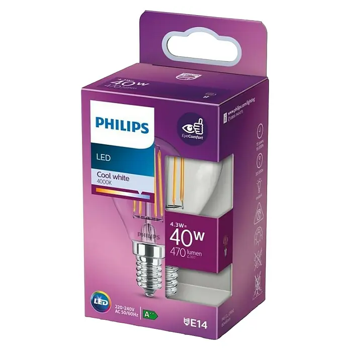 Philips Bombilla LED Classic CW Transparente - E14, No regulable, Blanco frío, 470 lm, 40 W - Primer plano de una bombilla LED Philips, blanco frío 4000K, 4,3W equivale a 40W, base E14. Eficiente energéticamente y duradera para una iluminación agradable.