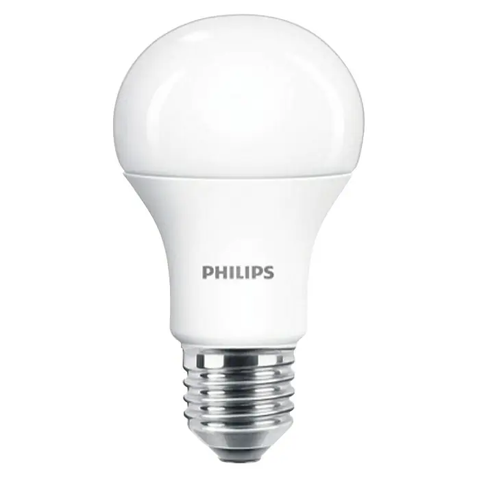 Philips Bombilla LED - E27, No regulable, Blanco cálido, 1.055 lm, 11 W - Primer plano de una bombilla LED Philips sobre un fondo neutro, destacando la eficiencia energética y las soluciones de iluminación modernas.