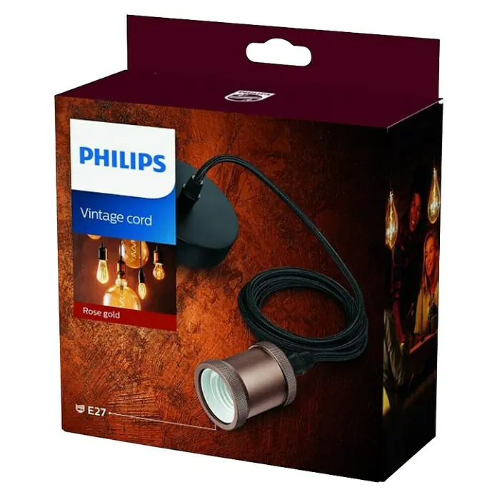 Philips Lámpara colgante LED Estándar - 40 W, L x An x Al: 7,1 x 16,9 x 16,9 cm, Rosado/Oro, E27 - Primer plano de un paquete de lámpara colgante Philips Vintage Cord oro rosa, que muestra una lámpara elegante.