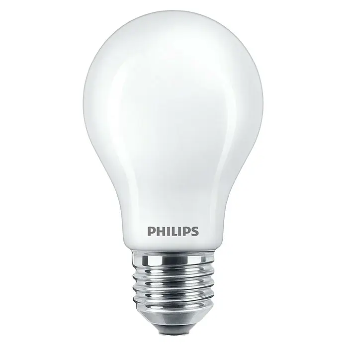 Philips Bombilla LED Classic CW Mate - E27, No regulable, Blanco frío, 1.521 lm, 100 W - Primer plano de una bombilla LED Philips con acabado mate y base de rosca plateada sobre un fondo negro.