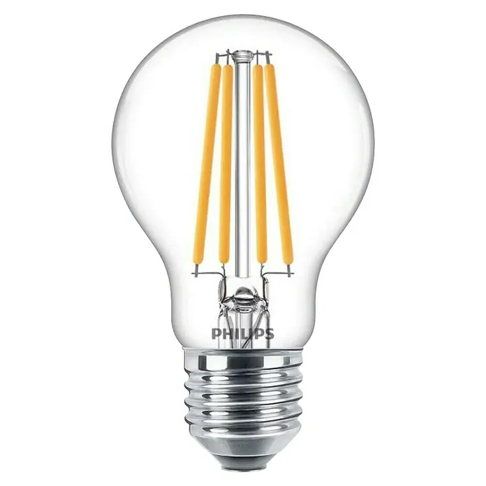 Philips LED-Lampe Classic CW - E27, Nicht Dimmbar, Kaltweiß, 1.521 lm, 100 W - Nahaufnahme einer Philips LED-Glühbirne mit klarem Glaskolben und sichtbaren LED-Filamenten. Die Lampe hat einen silberfarbenen Sockel.