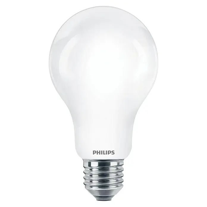 Philips Bombilla LED Classic CDL - E27, No regulable, Blanco diurno, 2.452 lm, 150 W - Primer plano de una bombilla LED Philips con un globo de vidrio esmerilado y una base plateada sobre un fondo negro.