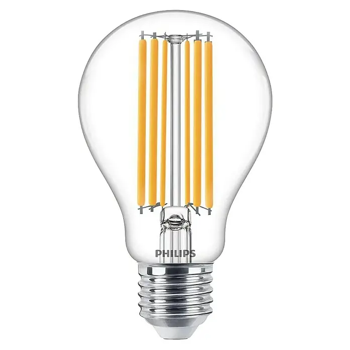 Philips Bombilla LED Classic CW A60 - E27, No regulable, Blanco frío, 2.000 lm, 120 W - Primer plano de una bombilla LED Philips con bombilla de vidrio transparente y filamentos.