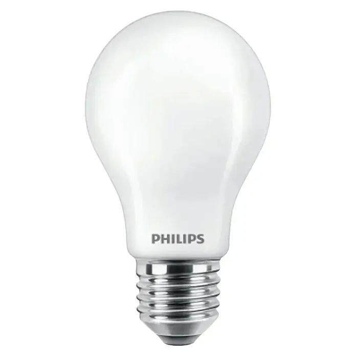 Philips Bombilla LED Classic CDL - E27, No regulable, Blanco diurno, 470 lm, 40 W - Primer plano de una bombilla LED Philips, que muestra su acabado blanco mate y su base plateada sobre un fondo negro.