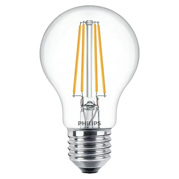 Philips LED-Lampe Classic CW - E27, Nicht Dimmbar, Kaltweiß, 850 lm, 60 W - Nahaufnahme einer Philips LED-Filament-Glühbirne mit klarem Glas und silbernem Sockel, die eine gemütliche und energieeffiziente Beleuchtung bietet.