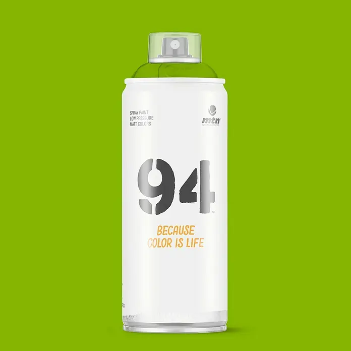 mtn Pintura decorativa en spray 94 - Verde neón, Mate, 400 ml - Una lata de pintura en aerosol MTN 94 de colores mate y baja presión, ideal para graffiti y proyectos de arte.