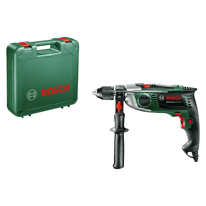 Bosch Schlagbohrmaschine AdvancedImpact 900900 W, Schnellspannbohrfutter - Abbildung eines Bosch AdvancedImpact 900 Bohrhammer mit dazugehörigem grünen Werkzeugkoffer.