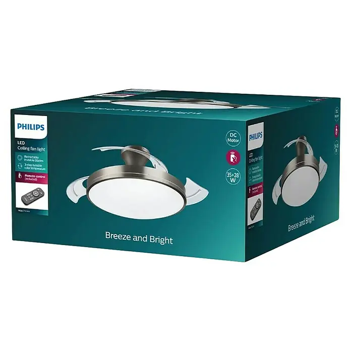 Philips Ventilador de techo Atlas Nickel - Níquel, 106 cm, 48 W, Blanco cálido - Una lámpara de ventilador de techo LED Philips con aspas retráctiles invisibles y control remoto, aún en su embalaje.