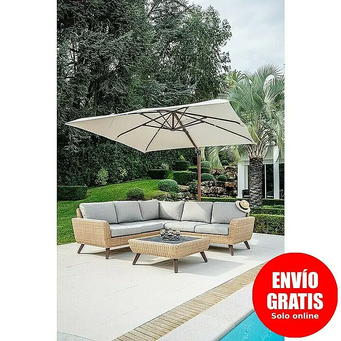 Conjunto de muebles Royal sofá esquinero + mesa - 2 pzs., Ratán sintético/Aluminio, Beige - Sofá esquinero de exterior de mimbre con cojines grises y mesa de centro a juego bajo parasol cuadrado crema en patio con piscina.