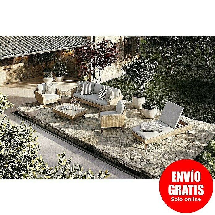 Conjunto de muebles Royal sofá + sillones + tumbona + mesa (5 pzs., Ratán sintético/Aluminio, Beige) | BAUHAUS