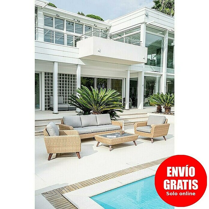 Conjunto de muebles Royal sofá + sillones + mesa (4 pzs., Ratán sintético/Aluminio, Beige) | BAUHAUS
