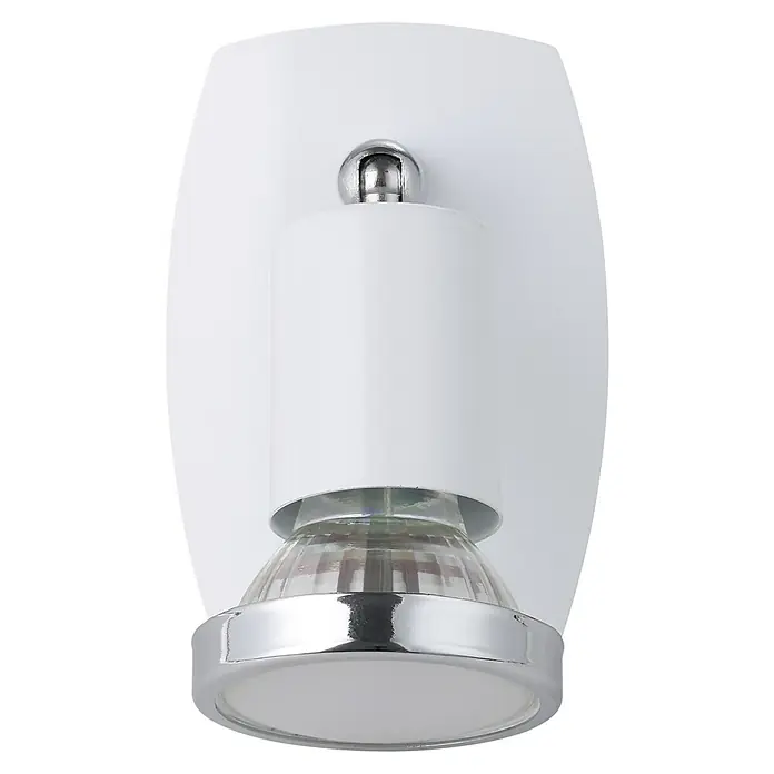 Eglo Mini 4 Steckdosenspot - 3 W, Weiß - Nahaufnahme einer weißen Wandleuchte mit Chromdetails, die modernes Design und klare Linien zeigt.