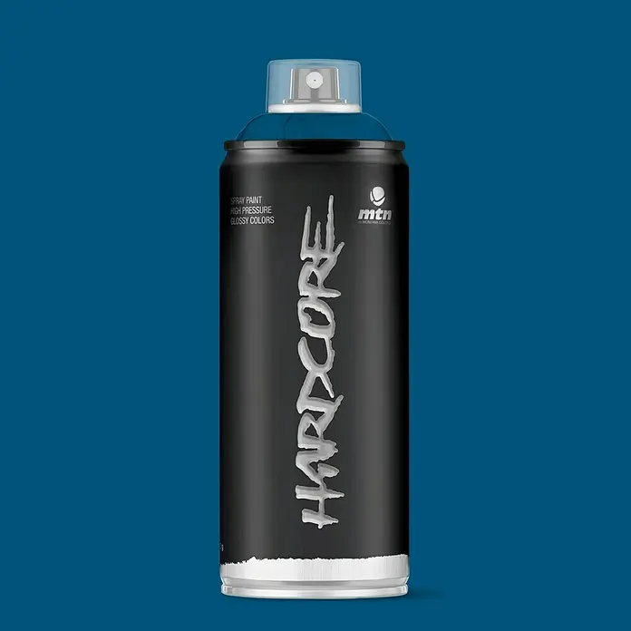 mtn Pintura decorativa en spray Hardcore - Azul Neptuno, Brillante, 400 ml - Aerosol Montana Colors Hardcore con bote negro y letras plateadas.