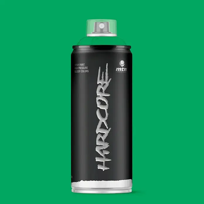 mtn Pintura decorativa en spray Hardcore - Verde colognon, Brillante, 400 ml - Bote de spray negro Montana Hardcore con letras plateadas, ideal para grafitis de alta cobertura y proyectos de arte.