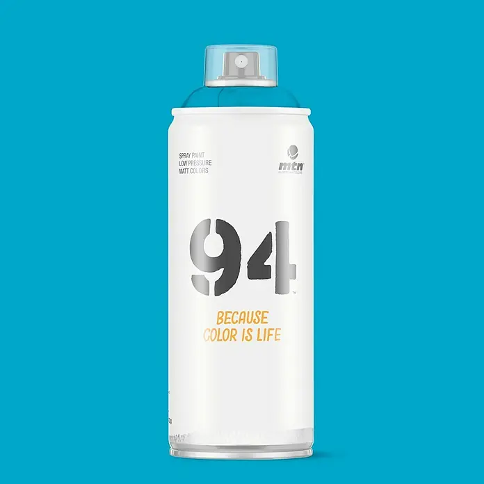 mtn Pintura decorativa en spray 94 - Azul libertad, Mate, 400 ml - Bote de pintura en aerosol MTN 94 de baja presión con colores mate sobre un fondo azul claro.