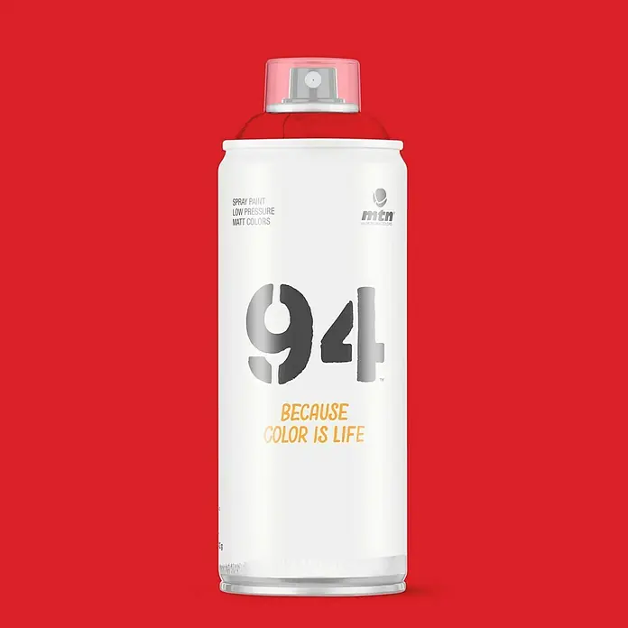 mtn Pintura decorativa en spray 94 - Rojo vivo, Mate, 400 ml - Una lata de aerosol MTN 94 en un vibrante color rojo con la inscripción "BECAUSE COLOR IS LIFE", ideal para proyectos de arte.