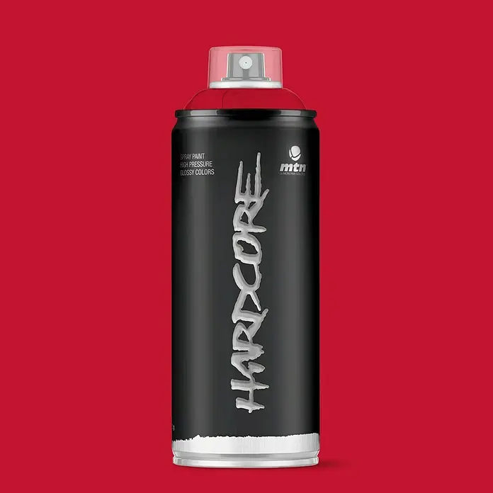 mtn Pintura decorativa en spray Hardcore - Vino tinto, Brillante, 400 ml - Un spray de pintura Montana MTN Hardcore, con cuerpo negro, letras plateadas y tapa roja.