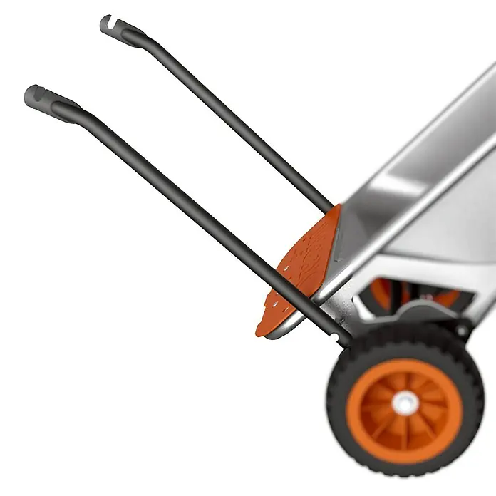 Worx Bauschubkarre Aerocart Multifunktion 8-in-1 - 75 l, Stahl, Traglast: 136 kg - Nahaufnahme einer Schubkarre mit orangefarbenen Rädern. Robustes Design für den Garten.