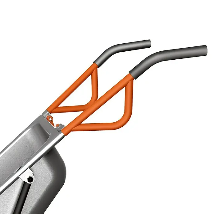 Worx Schubkarre Aerocart Multifunktion 8-in-175 l, Stahl, Traglast: 136 kg - Nahaufnahme einer Schubkarre mit orangefarbenem Rahmen und grauen Griffen vor schwarzem Hintergrund. Das robuste Design eignet sich für den Garten.
