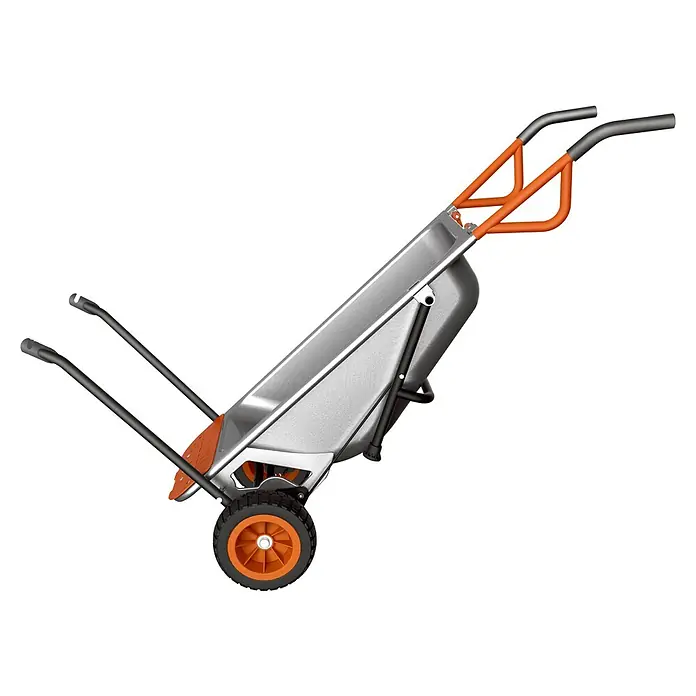 Worx Bauschubkarre Aerocart Multifunktion 8-in-1 - 75 l, Stahl, Traglast: 136 kg - Silberne Metallschubkarre mit orangefarbenem Rahmen, schwarzen Griffen und einem schwarzen Rad mit oranger Nabe für Garten- und Bauarbeiten.