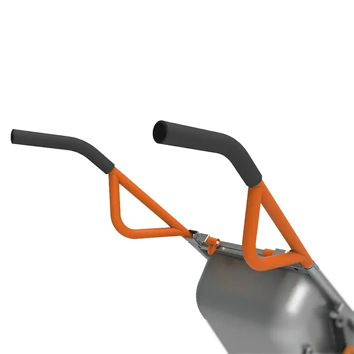 Worx Bauschubkarre Aerocart Multifunktion 8-in-1 - 75 l, Stahl, Traglast: 136 kg - Nahaufnahme der orangefarbenen Griffe eines Geräts mit schwarzen Griffenden, das für Gartenarbeiten oder Bauprojekte verwendet werden kann.