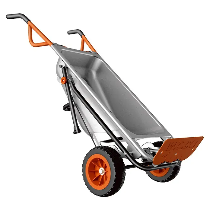 Worx Bauschubkarre Aerocart Multifunktion 8-in-1 - 75 l, Stahl, Traglast: 136 kg - Moderne graue Schubkarre mit orangefarbenen Griffen, schwarzem Rahmen und orangefarbenen Rädern.