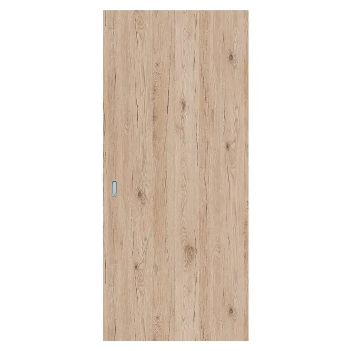 Entravia Holzschiebetür - 860 x 1.985 mm, CPL, Eiche Vintage, Mit Griffmuschelpaar, Passend für: Entravia Simple-Pocket Schiebetürsystem - Türplatte aus hellem Holz mit natürlicher Maserung und einem eingelassenen silbernen Griff auf der linken Seite.