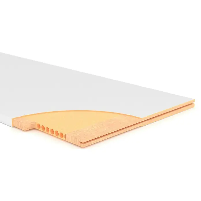 Entravia Holzschiebetür - 985 x 1.985 mm, CPL, Weiß ähnlich RAL 9016, Mit Schlossfräsung, Passend für: Entravia Simple-Pocket Schiebetürsystem - Querschnitt einer weißen, hohlen Dielen-Wandpaneele, die ihr inneres Material und ihre Konstruktion zeigt. Das Paneel hat eine einzigartige Isolierung.