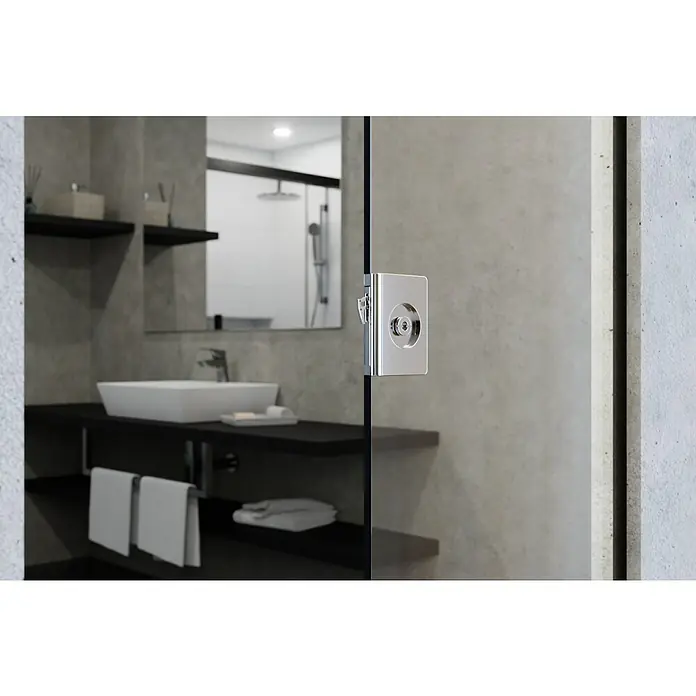 Entravia Glasschiebetür - 860 x 1.980 mm, Klarglas, Mit Schlossbohrung, Passend für: Entravia Simple-Pocket Schiebetürsystem - Quadratischer Duschglastürgriff/-schloss aus poliertem Chrom an einer Glastür in einem modernen Badezimmer.