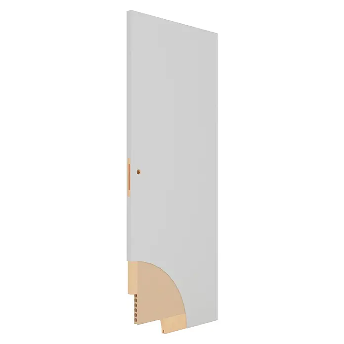 Entravia Holzschiebetür - 985 x 1.985 mm, CPL, Weiß ähnlich RAL 9016, Mit Schlossfräsung, Passend für: Entravia Simple-Pocket Schiebetürsystem - Weiße Tür mit Schnittdarstellung von Holzrahmen und Wabenkern, mit eingelassenem Holzgriff und kleiner Holzöffnung.