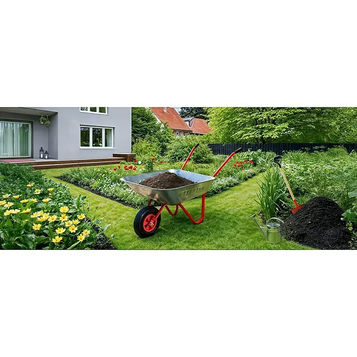 Gartenschubkarre - 80 l, Stahl, Traglast: 100 kg - Eine Schubkarre voller Erde, die für Gartenarbeiten bereitsteht, mit Schaufel und Gießkanne im Hintergrund, eingebettet in eine üppige grüne Szene.