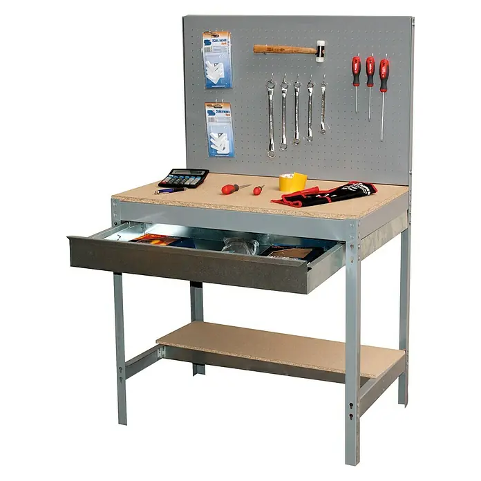 Simonrack Simonwork Banco de trabajo BT2 Box - Gris, Ancho: 121 cm - Banco de trabajo con cajón, panel perforado y herramientas. El robusto banco de trabajo ofrece amplio espacio de almacenamiento para taller.