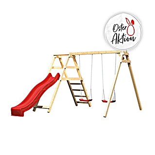 Karibu Doppelschaukel Felix (L x B x H: 264 x 308 x 213 cm, Schaukel mit Klettergerüst & Rutsche rot)