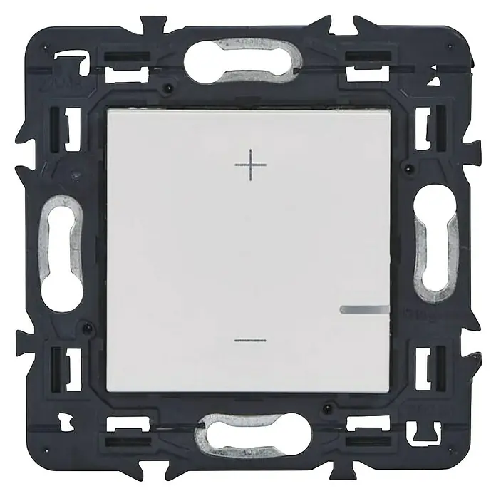 Legrand Valena Next Regulador luminoso Universal - Blanco, Plástico, Instalar - Un interruptor de luz blanco y cuadrado con símbolos de más y menos, enmarcado en negro.