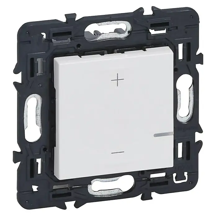 Legrand Valena Next Regulador luminoso Universal - Blanco, Plástico, Instalar - Interruptor de luz Legrand blanco con símbolos de más y menos, enmarcado en gris, para control de iluminación.