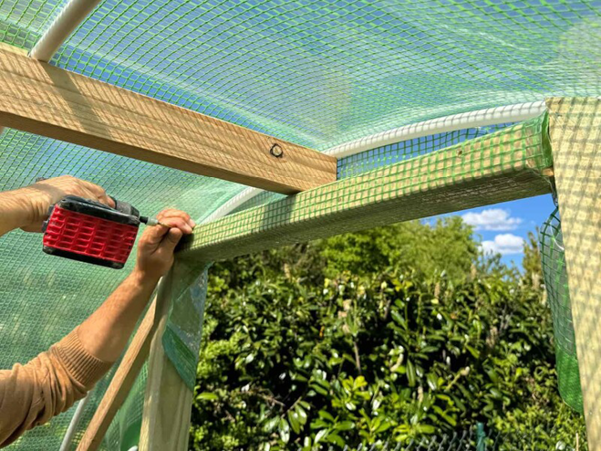 Die grüne Gewächshausfolie wird an das Holzgerüst angetackert