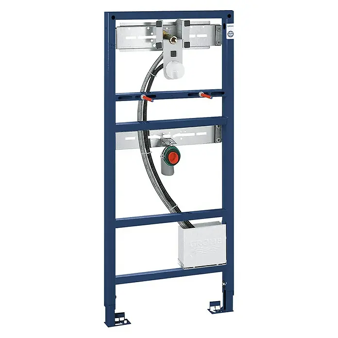 Grohe Rapid SL Waschtisch-Vorwandelement - 7,5 x 50 x 113 cm, Mit Rohbauset für Infrarot-Elektronik, Pulverbeschichtet - Ein blaues Grohe Rapid SL Installationssystem für eine Hänge-WC-Installation, inklusive aller notwendigen Montageelemente.
